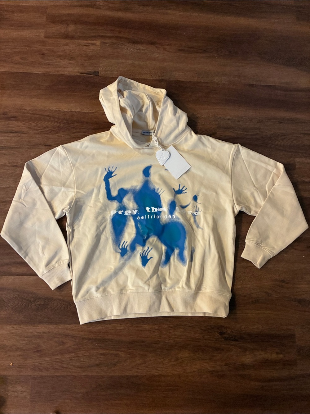 NWT Aelfric Eden Cream Hoodie with Blue Graphic Print Pray the Lord XS